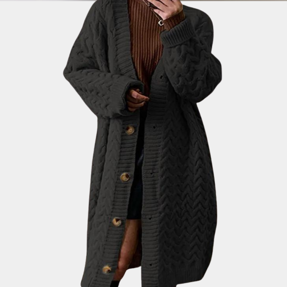 Oversize'owy długi dzianinowy kardigan damski - Noémie-Czarny-XS-Trend Polska