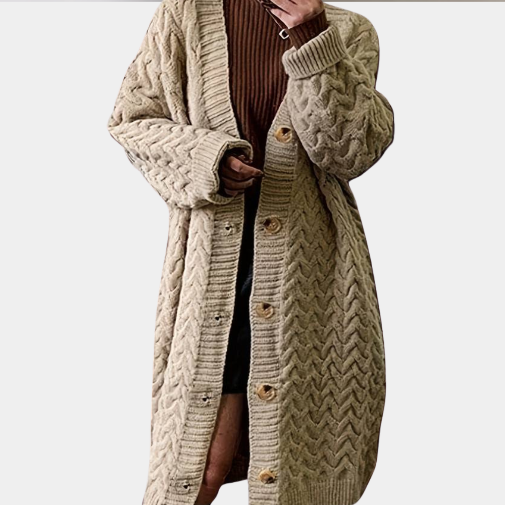 Oversize'owy długi dzianinowy kardigan damski - Noémie-Khaki-XS-Trend Polska