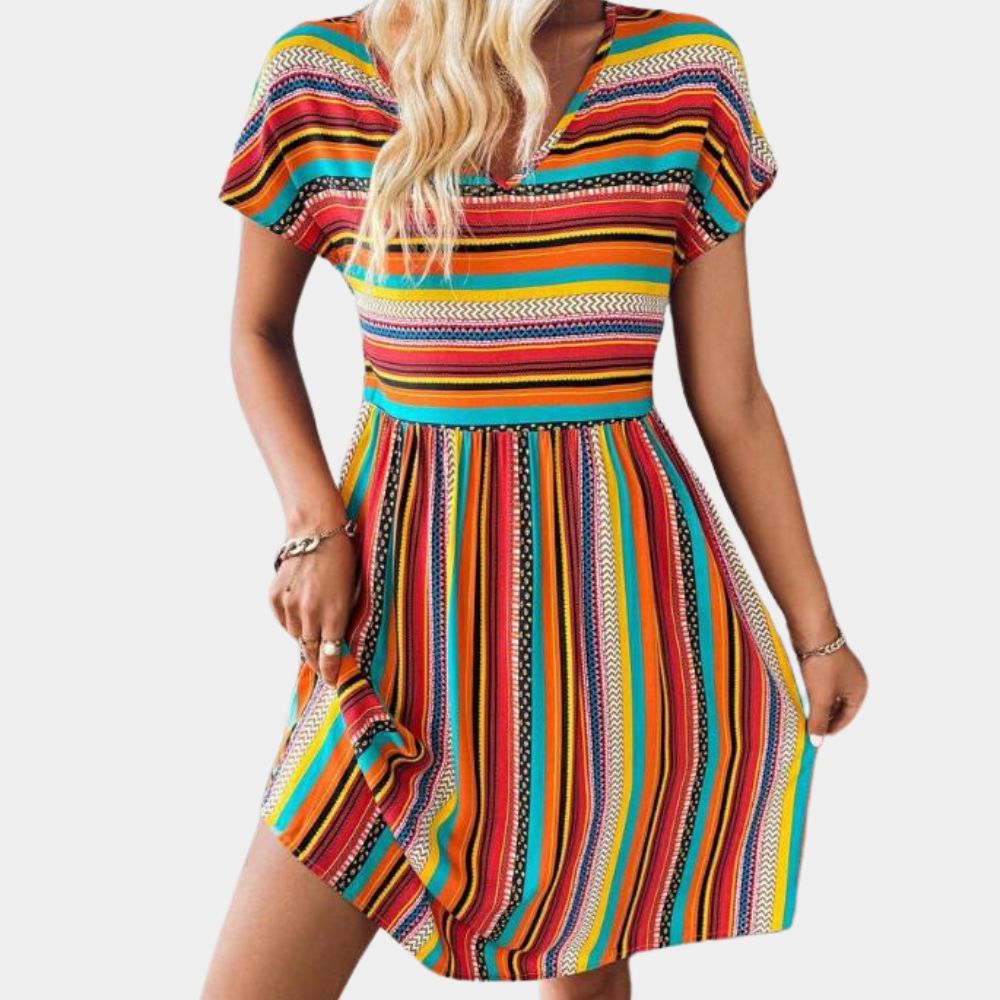 Pasiastym letnią sukienką z miękkiego materiału – Linae-Pomarańczowy-XS-Trend Polska