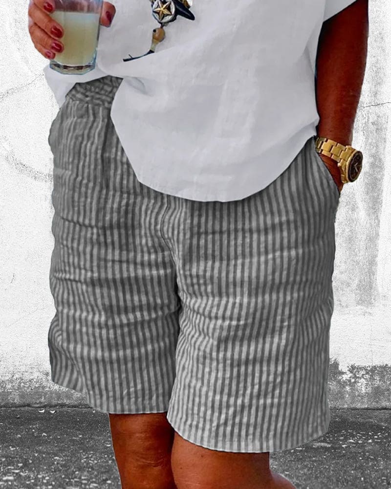 Paski Bawełniano-Lnianowe Szorty Damskie – Nina-Szary-S-Trend Polska