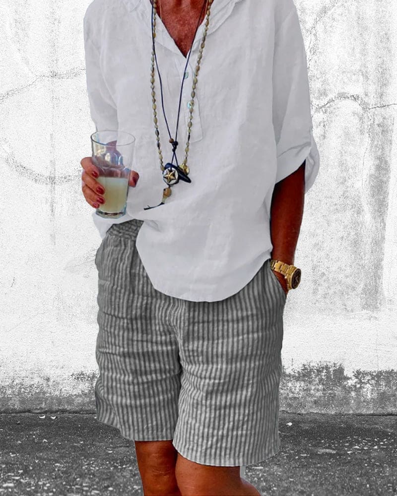 Paski Bawełniano-Lnianowe Szorty Damskie – Nina-Niebieski-S-Trend Polska