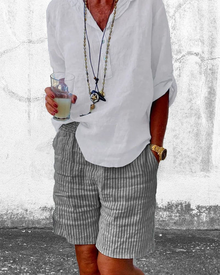 Paski Bawełniano-Lnianowe Szorty Damskie – Nina-Niebieski-S-Trend Polska