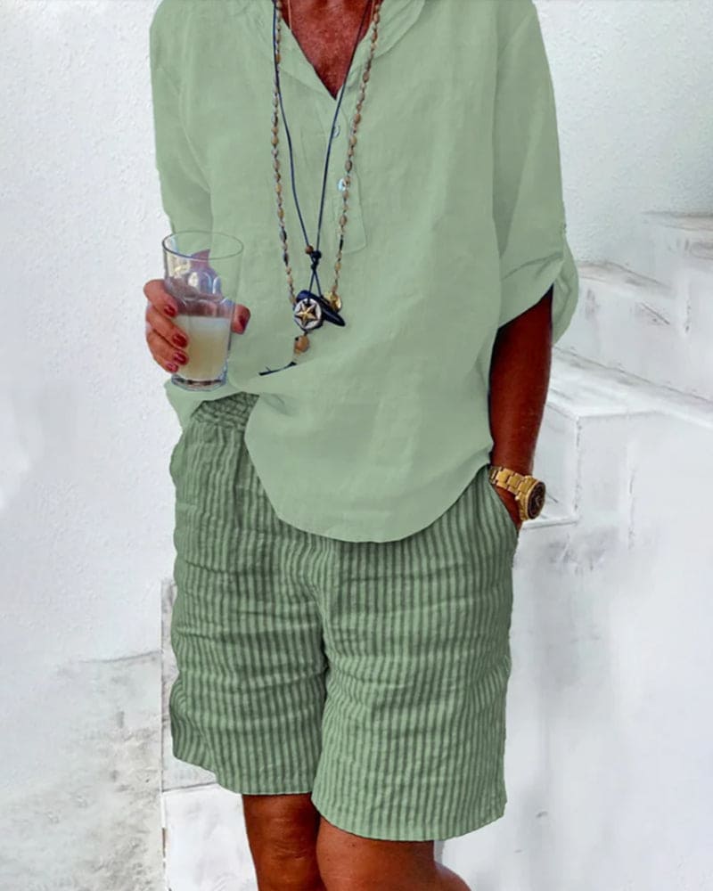 Paski Bawełniano-Lnianowe Szorty Damskie – Nina-Niebieski-S-Trend Polska