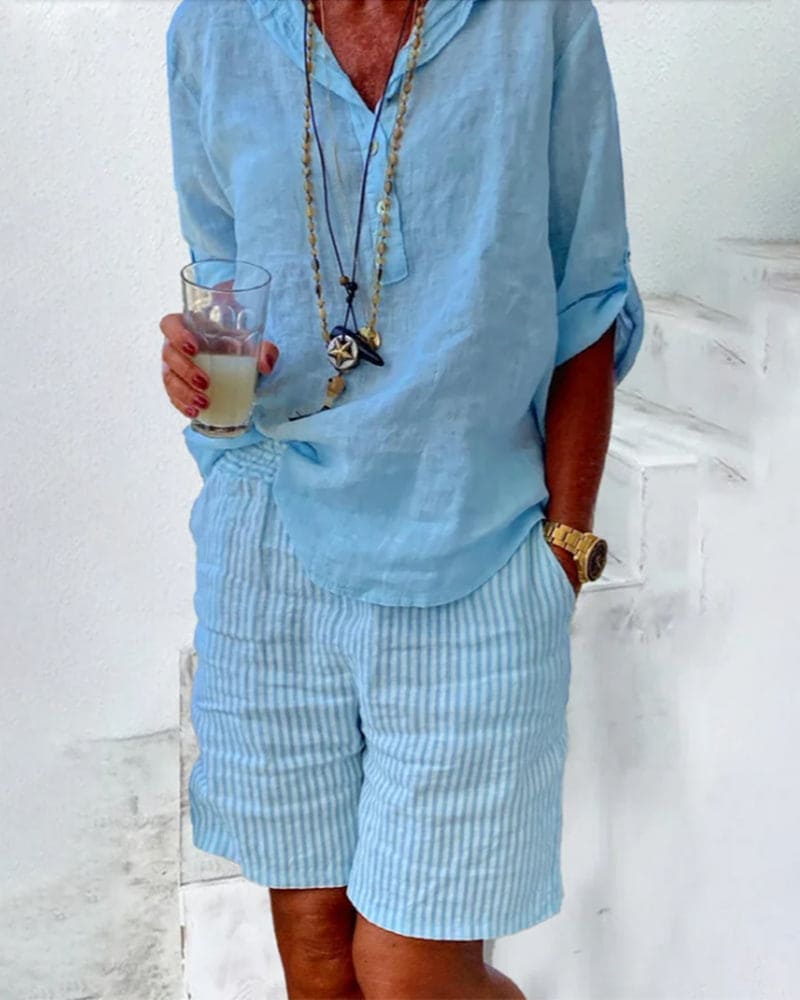 Paski Bawełniano-Lnianowe Szorty Damskie – Nina-Niebieski-S-Trend Polska