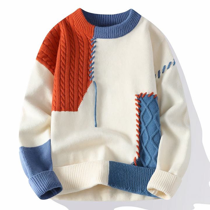Patchwork sweter męski - Jasper-Biały pomarańczowy-XS-Trend Polska