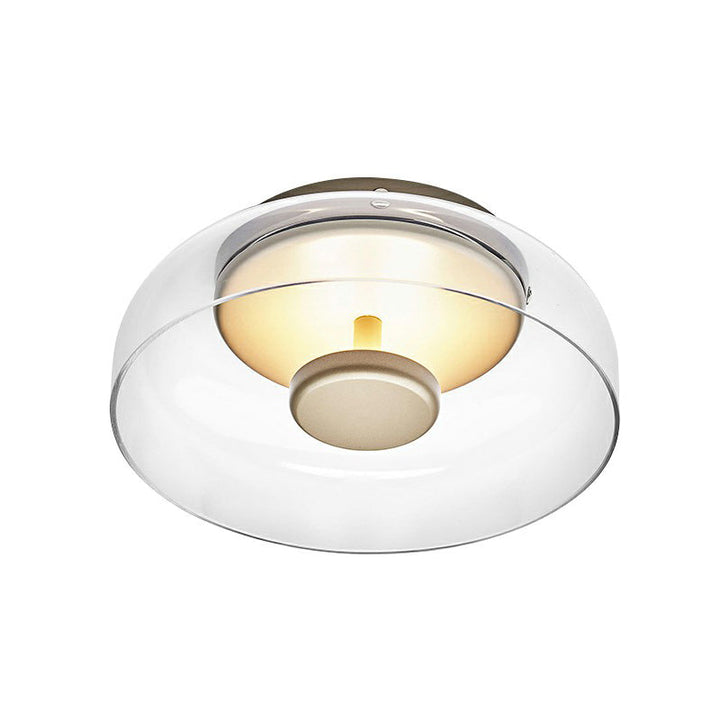 Lampa sufitowa z bezbarwnym szklanym kloszem i jasnym ciepłym światłem na białym tle 5