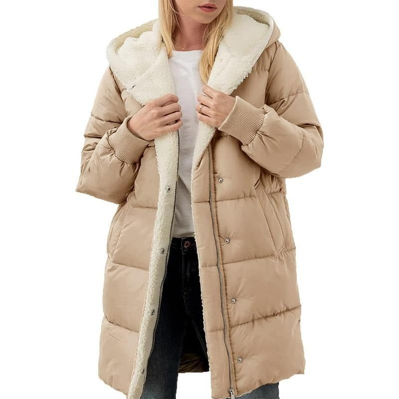 Podwójna bawełniana zimowa kurtka damska z kapturem - Nina-Khaki-S-Trend Polska