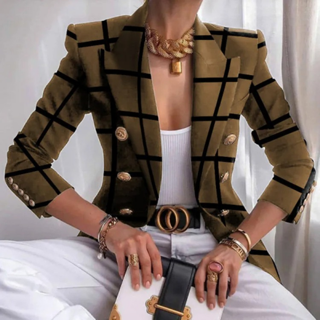 Podwójnie zapięta damska marynarka z klapami - Eleganza-Brązowy-S-Trend Polska