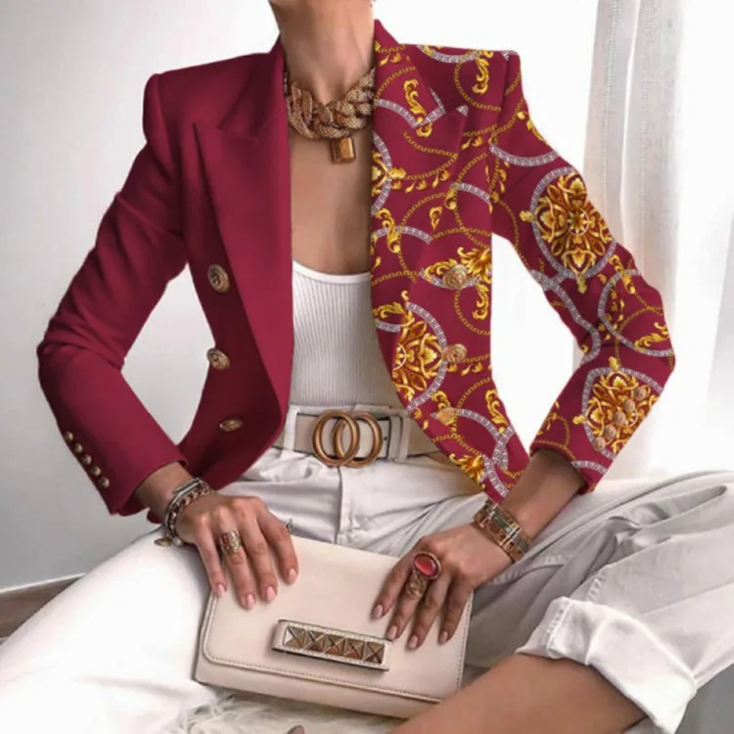 Podwójnie zapięta damska marynarka z klapami - Eleganza-Ciemnoczerwony-S-Trend Polska