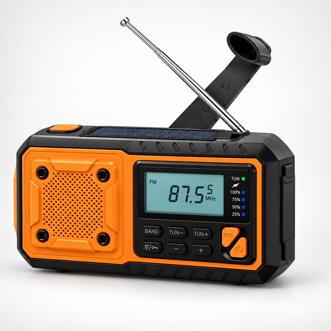 Radio z wysuniętą anteną i korbką, widoczny panel słoneczny na górnej krawędzi, białe tło 10