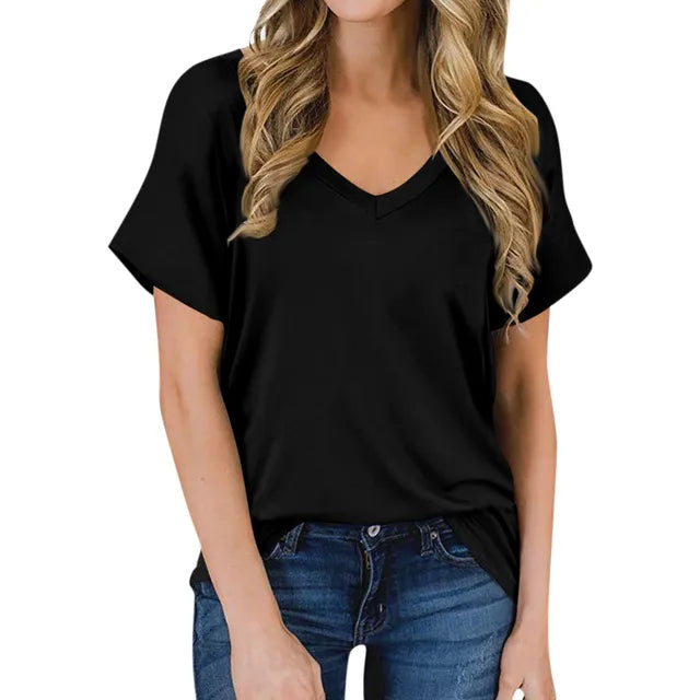 Prosty T-shirt z dekoltem w kształcie V - Luna-Czarny-S-Trend Polska