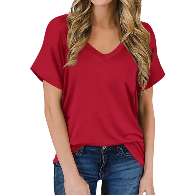 Prosty T-shirt z dekoltem w kształcie V - Luna-Czerwony-S-Trend Polska