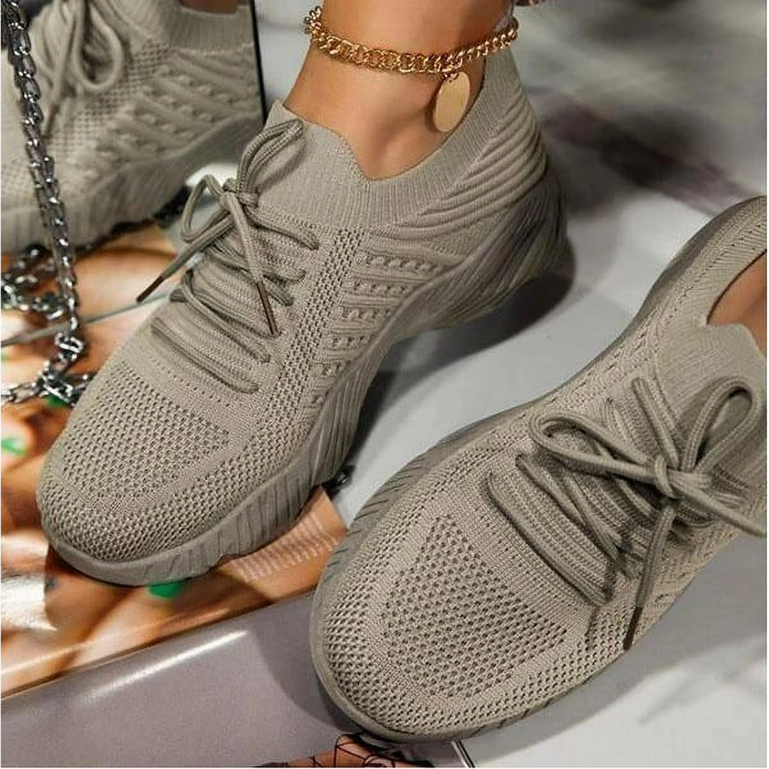 Przepuszczające powietrze damskie chunky sneakersy z sznurówkami – Saphira-Khaki-35-Trend Polska