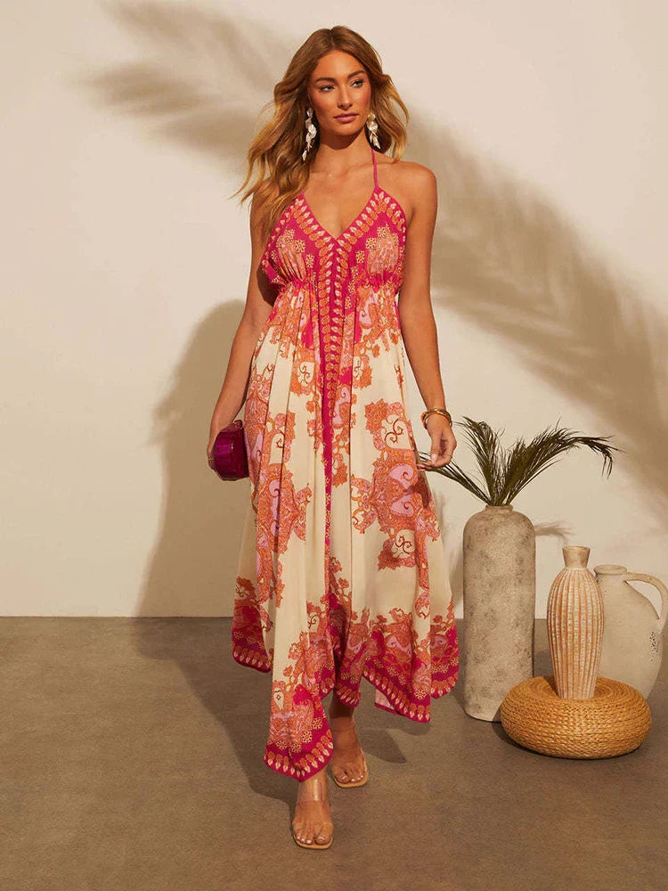 Przewiewna i stylowa sukienka boho maxi z dekoltem na szyi dla kobiet – Naya-Czerwony-S-Trend Polska