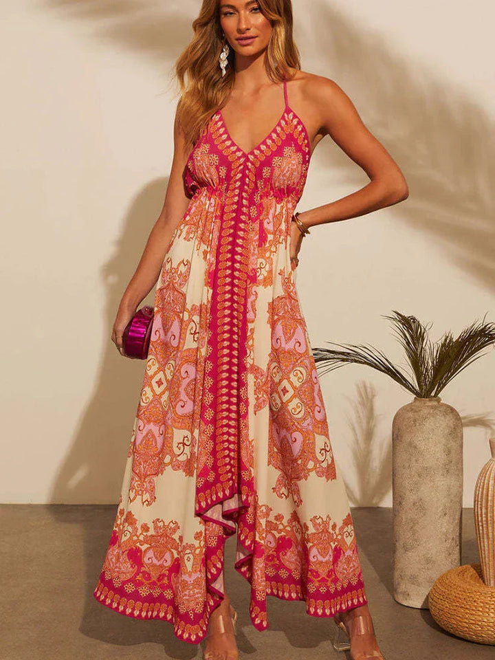 Przewiewna i stylowa sukienka boho maxi z dekoltem na szyi dla kobiet – Naya-Czerwony-S-Trend Polska