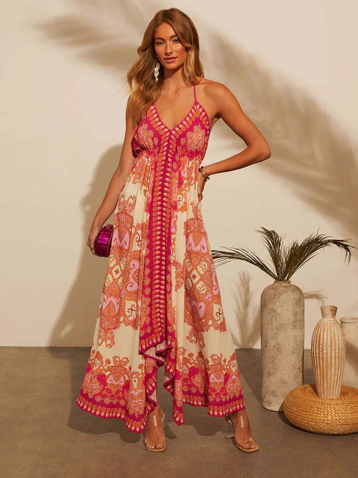 Przewiewna i stylowa sukienka boho maxi z dekoltem na szyi dla kobiet – Naya-Czerwony-S-Trend Polska