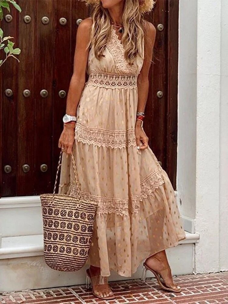 Przewiewna letnia sukienka Boho w stylu Ibiza z dekoltem w serek – Niva-Beżowy-S-Trend Polska