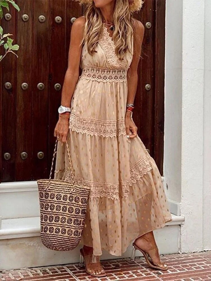 Przewiewna letnia sukienka Boho w stylu Ibiza z dekoltem w serek – Niva-Beżowy-S-Trend Polska