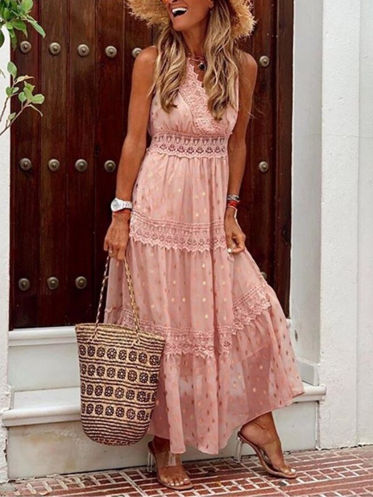 Przewiewna letnia sukienka Boho w stylu Ibiza z dekoltem w serek – Niva-Różowy-S-Trend Polska