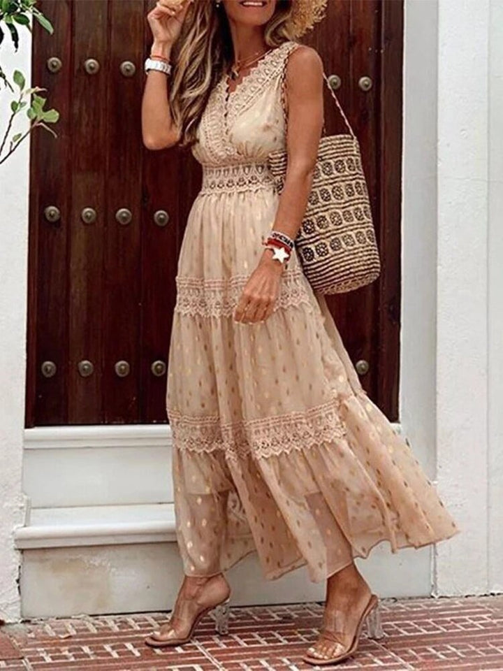 Przewiewna letnia sukienka Boho w stylu Ibiza z dekoltem w serek – Niva-Beżowy-S-Trend Polska