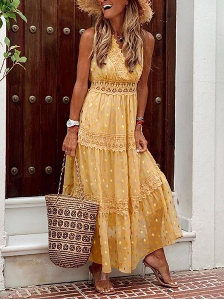 Przewiewna letnia sukienka Boho w stylu Ibiza z dekoltem w serek – Niva-Żółty-S-Trend Polska