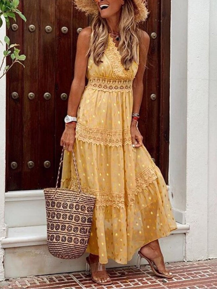 Przewiewna letnia sukienka Boho w stylu Ibiza z dekoltem w serek – Niva-Żółty-S-Trend Polska