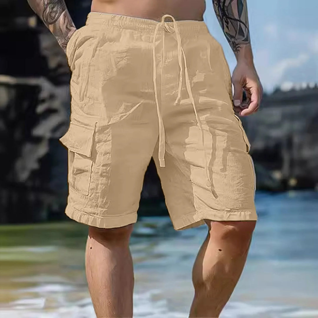 Przewiewne męskie szorty lniane z szerokimi nogawkami i sznurkowym wykończeniem – Silas-Khaki-S-Trend Polska