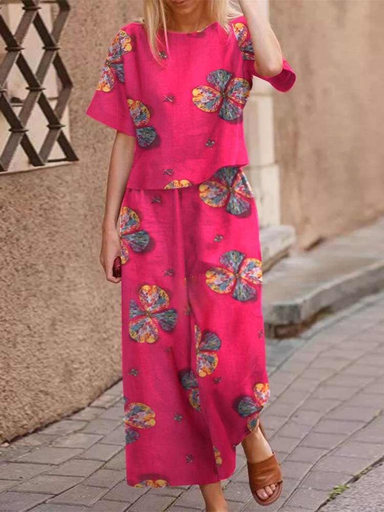 Przewiewny, dwuczęściowy letni zestaw z bawełny o korzystnym kroju – zestaw Boho Zephyra-Różowy-S-Trend Polska
