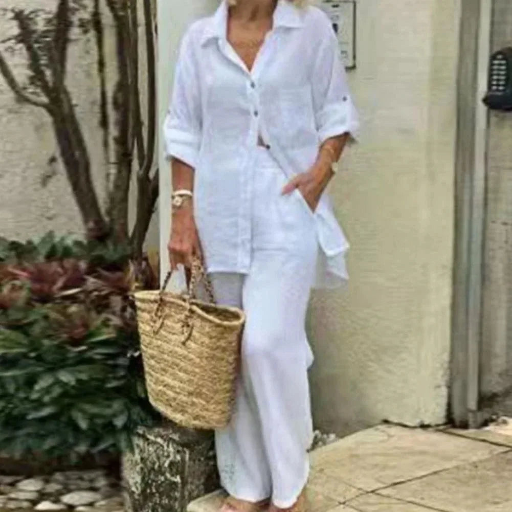 Przewiewny i stylowy oversize kombinezon lniany z bluzką i spodniami damskimi – Amaris-Biały-S-Trend Polska