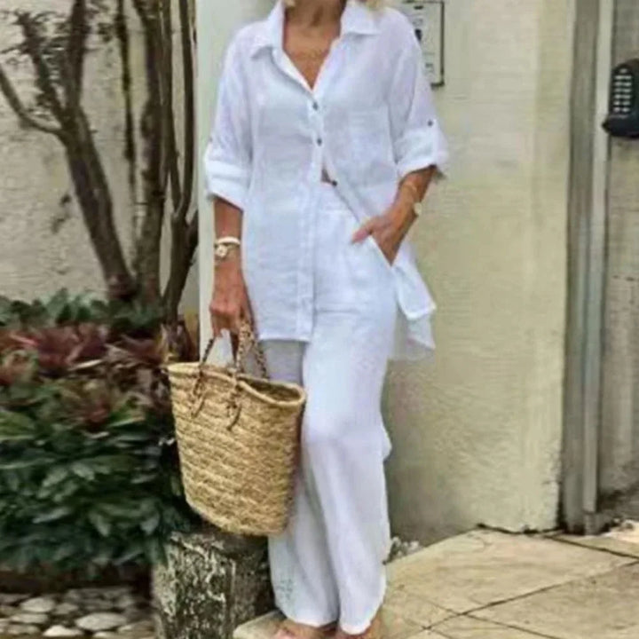 Przewiewny i stylowy oversize kombinezon lniany z bluzką i spodniami damskimi – Amaris-Biały-S-Trend Polska