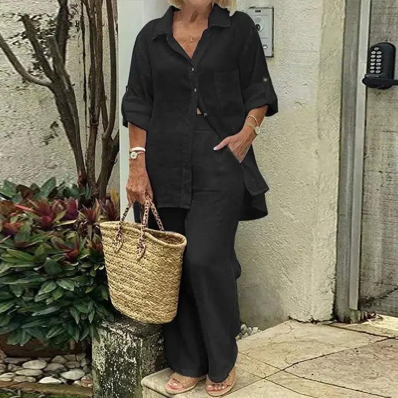 Przewiewny i stylowy oversize kombinezon lniany z bluzką i spodniami damskimi – Amaris-Czarny-S-Trend Polska