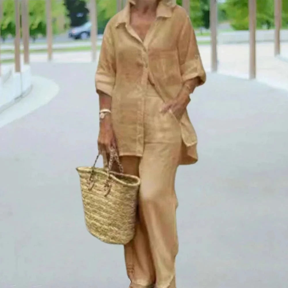 Przewiewny i stylowy oversize kombinezon lniany z bluzką i spodniami damskimi – Amaris-Khaki-S-Trend Polska