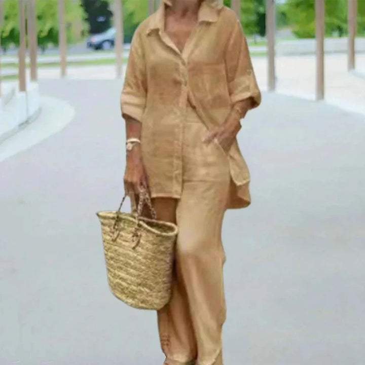 Przewiewny i stylowy oversize kombinezon lniany z bluzką i spodniami damskimi – Amaris-Khaki-S-Trend Polska