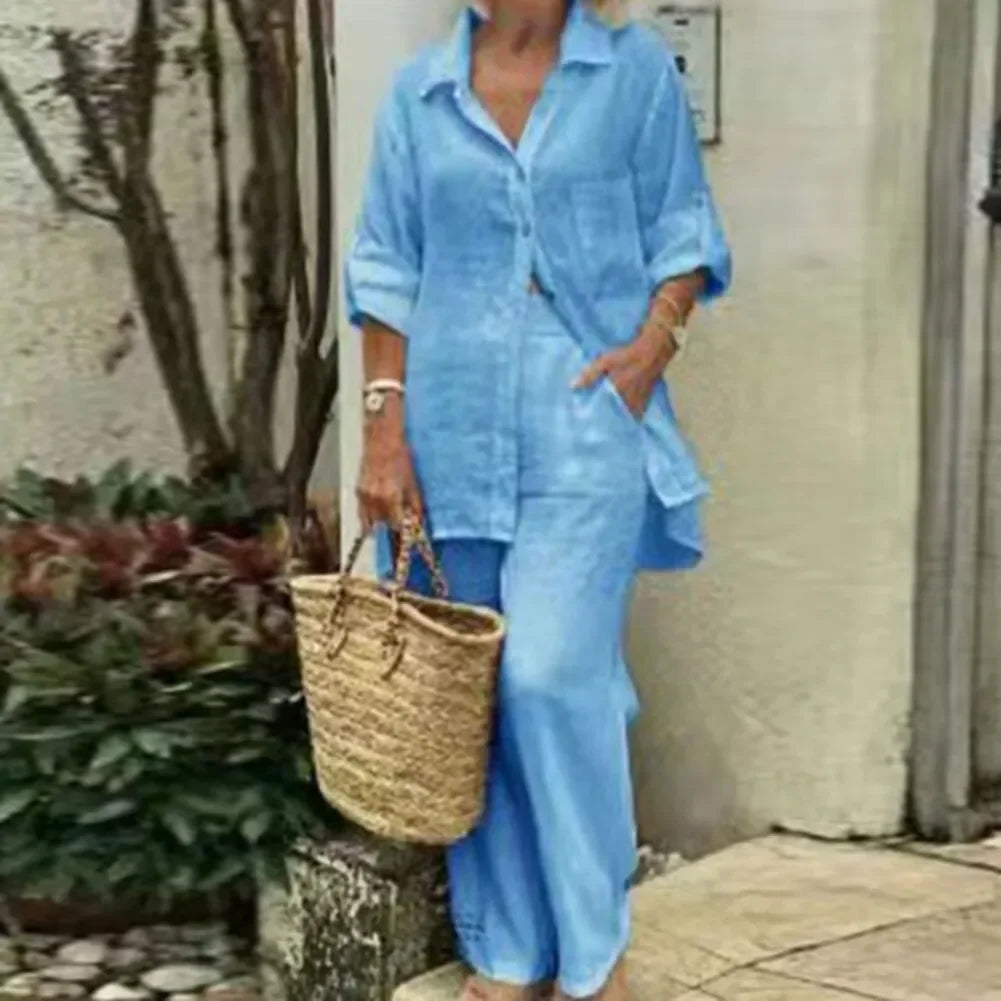 Przewiewny i stylowy oversize kombinezon lniany z bluzką i spodniami damskimi – Amaris-Niebieski-S-Trend Polska