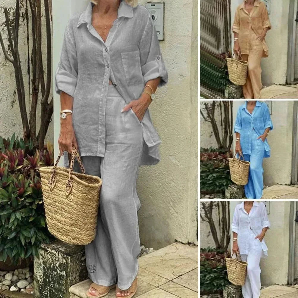Przewiewny i stylowy oversize kombinezon lniany z bluzką i spodniami damskimi – Amaris-Niebieski-S-Trend Polska