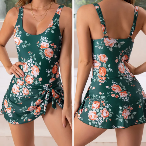 Push-Up kostium kąpielowy z spódnicą i efektem modelującym sylwetkę – Nela-Kwiaty Zielone-M-Trend Polska