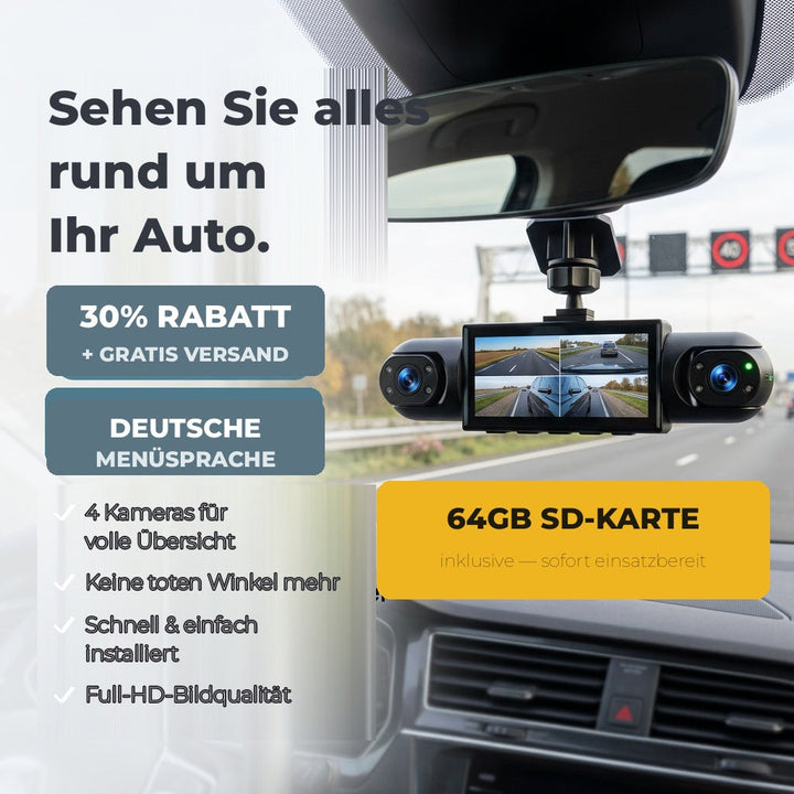 Kamera z ekranem pod lusterkiem wewnętrznym na autostradzie, z żółtą plakietką informującą o dołączonej karcie pamięci. 7