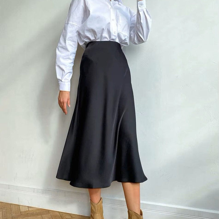 Satynowy kobiecy midirok w kształcie litery A z wysokim stanem – Liora-Czarny-S-Trend Polska