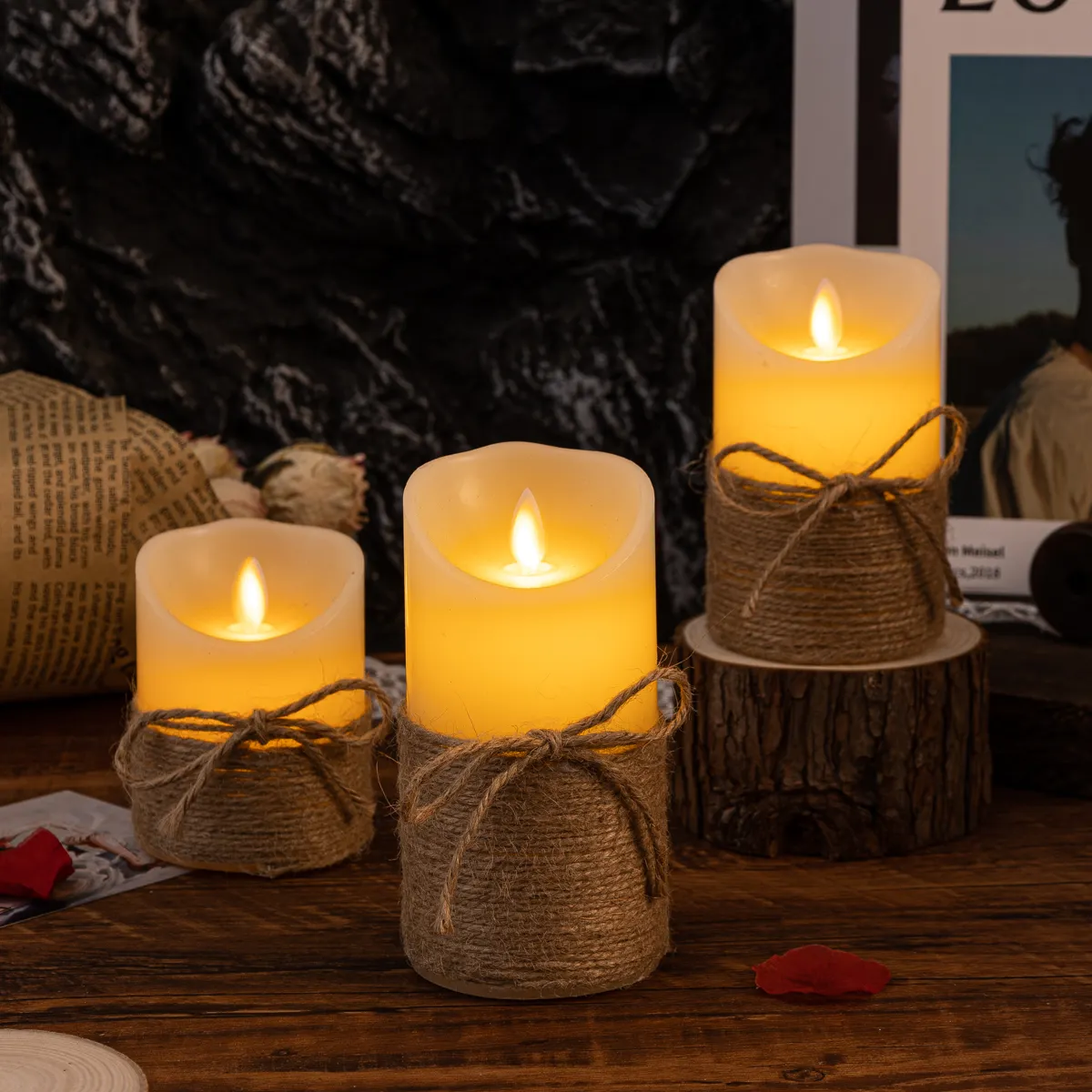 Sentymentalne świece LED - GlowFlicker-Świeczki owinięte sznurem - 3 sztuki-Trend Polska