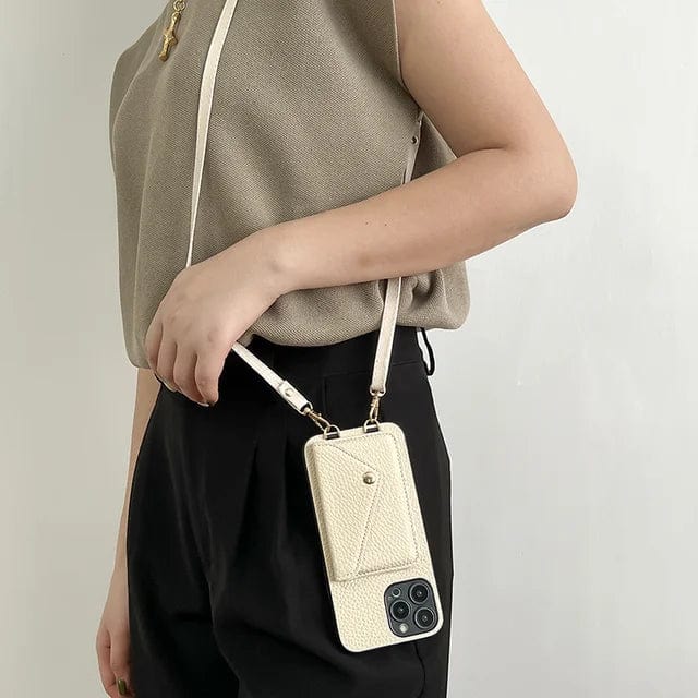 Skórzana torebka na telefon przez ramię - Urban Chic-Beżowy-iPhone 12-Trend Polska