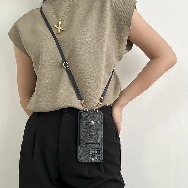 Skórzana torebka na telefon przez ramię - Urban Chic-Czarny-iPhone 12-Trend Polska