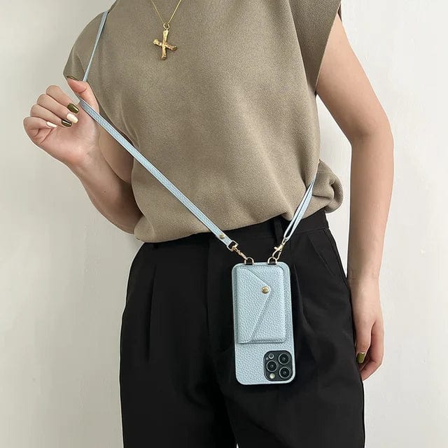 Skórzana torebka na telefon przez ramię - Urban Chic-Jasnoniebieski-iPhone 12-Trend Polska