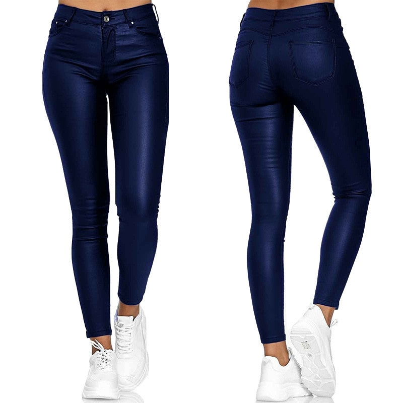 Skórzane legginsy z wysokim stanem – Raffaela-Niebieski-S-Trend Polska