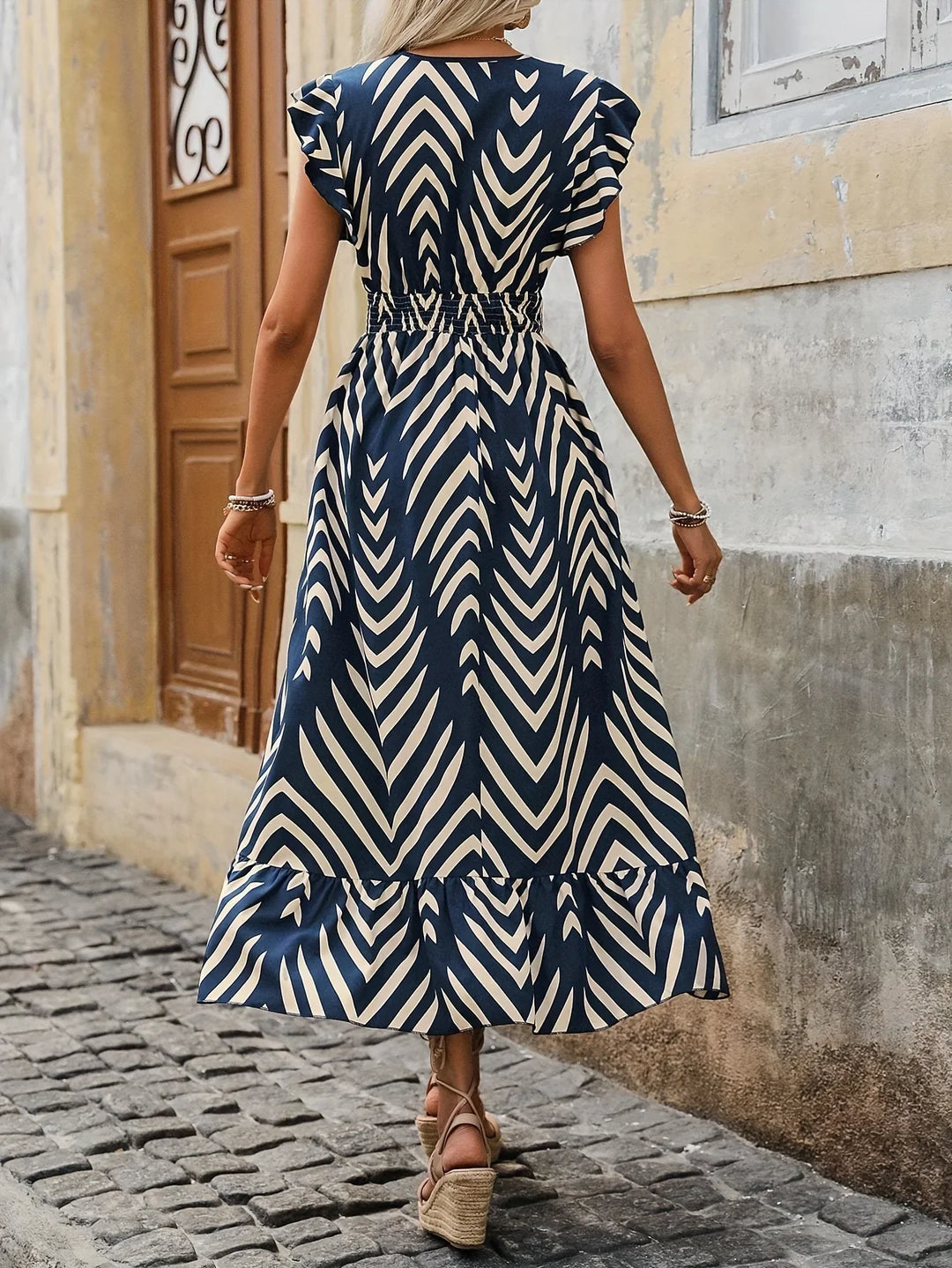 Skręcona Sukienka w Tali z Wzorem | Isabella | Stylowa i Elegancka-S-Niebieski-Trend Polska