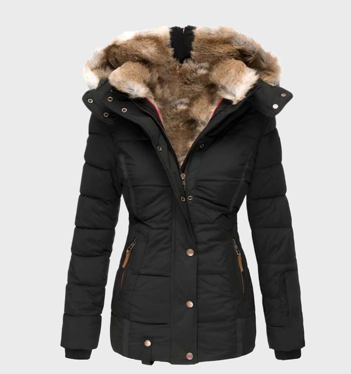 Slim Fit Damska Zimowa Kurtka z Kapturem - Aurora-Czarny-S-Trend Polska