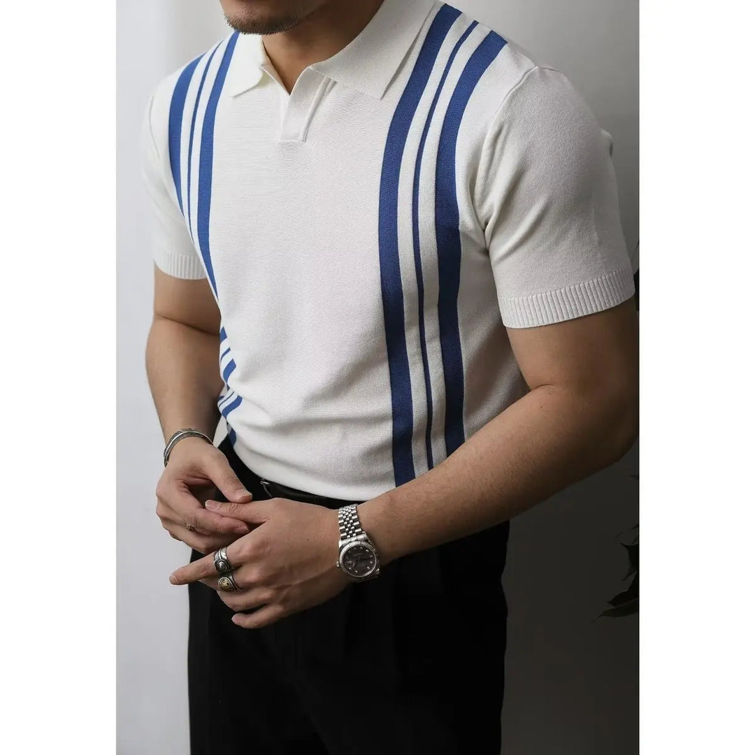 Slim Fit Męska koszulka polo z zamkiem błyskawicznym – Fabrizio-Biało w paski-S-Trend Polska