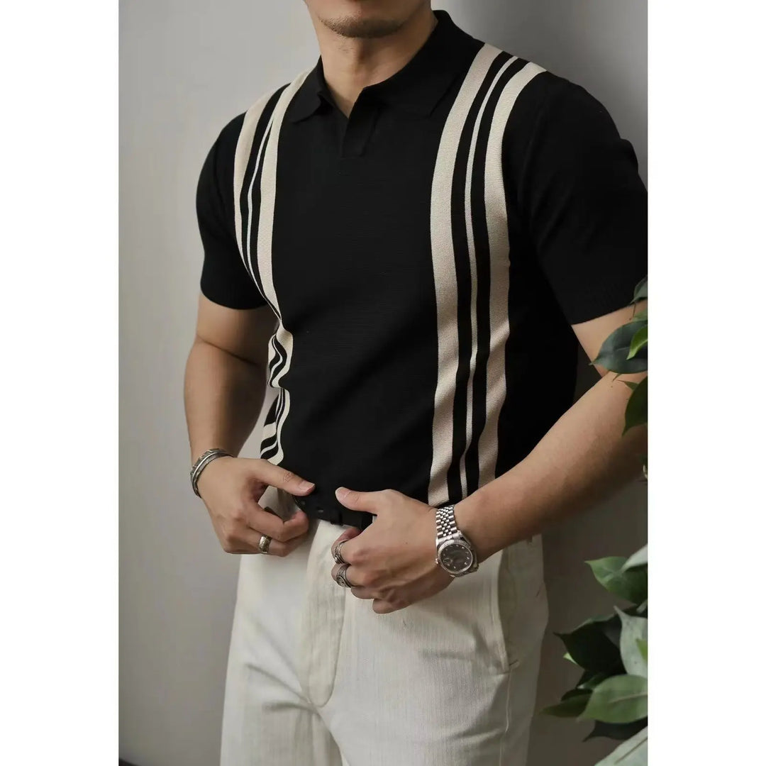 Slim Fit Męska koszulka polo z zamkiem błyskawicznym – Fabrizio-Czarno paskowany-S-Trend Polska
