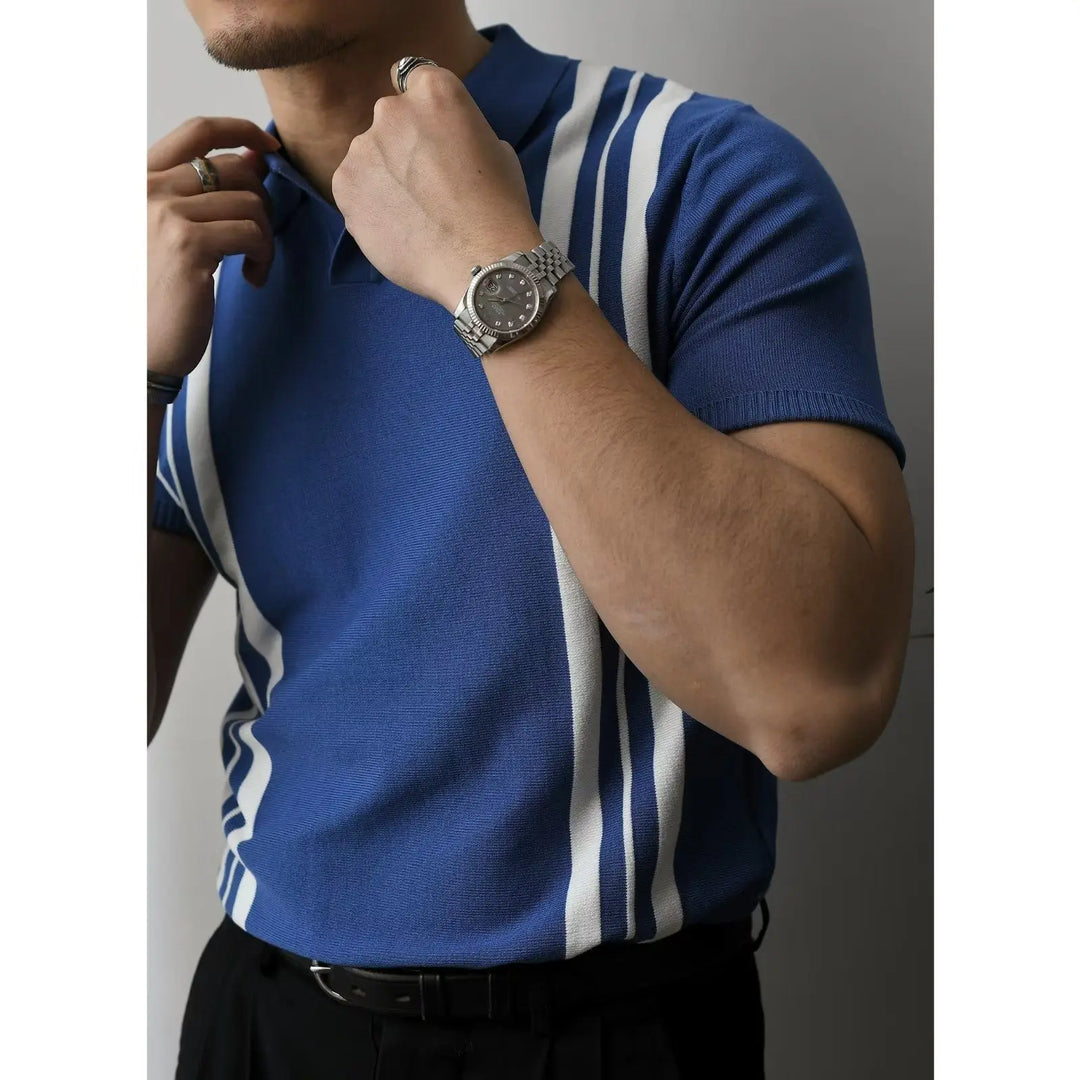 Slim Fit Męska koszulka polo z zamkiem błyskawicznym – Fabrizio-Niebieskie Paski-S-Trend Polska