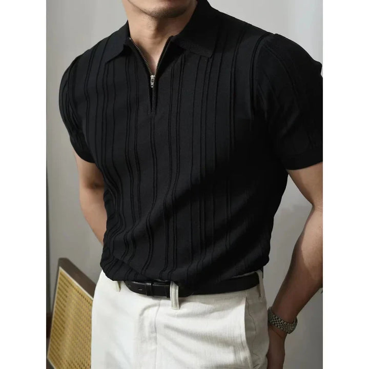 Slim Fit Męska koszulka polo z zamkiem błyskawicznym – Fabrizio-Czarny-S-Trend Polska