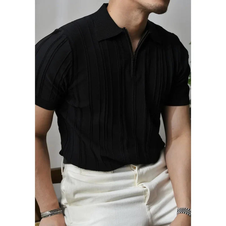 Slim Fit Męska koszulka polo z zamkiem błyskawicznym – Fabrizio-Czarny-S-Trend Polska